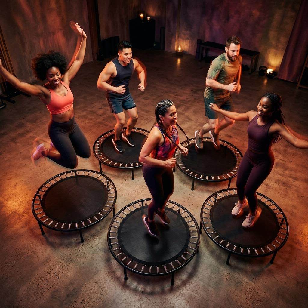 SYNC rebound fitness class in motion at Way Show Er Sanctuary in El Sobrante